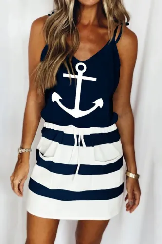 Fashion Casual Striped Patchwork V Neck A Line Dresses