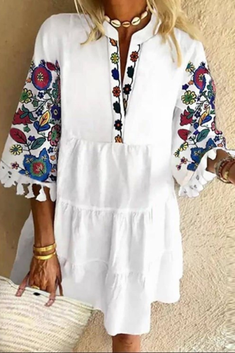 Casual Floral Tassel Split Joint V Neck Cake Skirt Dresses