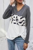Casual Leopard Split Joint V Neck Tops