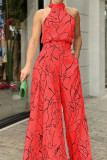 Casual Simplicity Print Patchwork Frenulum Halter Loose Jumpsuits