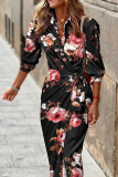 Casual Print Patchwork Turndown Collar Waist Skirt Dresses