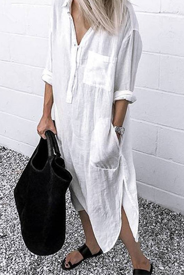 Casual Solid Patchwork Turndown Collar Shirt Dress Dresses