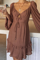 Brown Lantern Sleeve Lace Open Back Design Dress