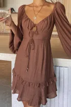 Brown Lantern Sleeve Lace Open Back Design Dress