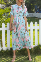 Elegant Floral Frenulum Strap Design Pleated Dresses