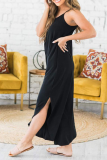 Casual Solid Slit Capris O Neck Loose Jumpsuits