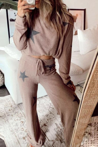 Fashion Living Print Split Joint O Neck Long Sleeve Two Pieces