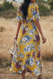 Elegant Floral Draw String Slit V Neck A Line Dresses