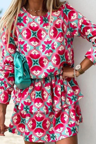 Fashion Street Print Split Joint O Neck Long Sleeve Two Pieces
