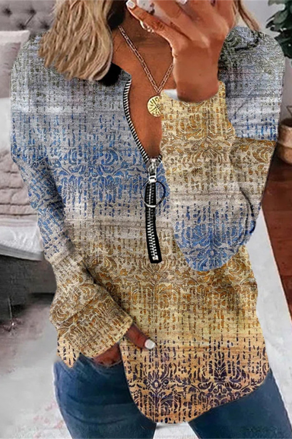Casual Print Printing Zipper V Neck Tops