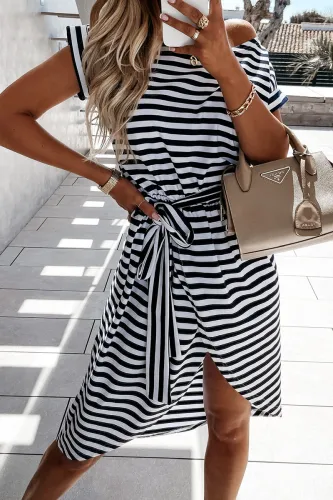 Casual Striped Frenulum O Neck Irregular Dress Dresses
