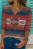 Street Print Patchwork V Neck Tops