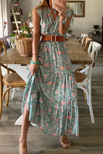 Fashion Street Print Split Joint V Neck A Line Dresses