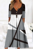 Casual College Print Pocket Buttons O Neck Long Sleeve Dresses
