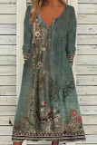 Casual College Print Pocket Buttons O Neck Long Sleeve Dresses