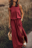 Fashion Casual Solid Patchwork Slit O Neck Waist Skirt Dresses