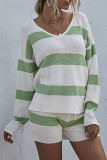 Fashion Casual Striped Split Joint V Neck Long Sleeve Two Pieces