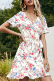 Elegant Floral Frenulum Flounce V Neck A Line Dresses