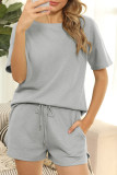 Fashion Living Solid Patchwork O Neck Short Sleeve Two Pieces