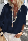 Casual Striped Solid Split Joint Turndown Collar Tops