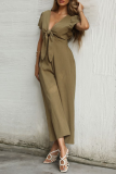 Fashion Elegant Solid Capris Knotted V Neck Straight Jumpsuits