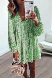 Casual Print Split Joint V Neck Cake Skirt Dresses