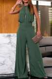 Casual Solid Hollowed Out Backless O Neck Regular Jumpsuits