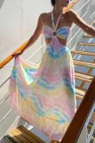 Fashion Bohemian Print Hollowed Out V Neck Princess Dresses