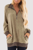 Casual Patchwork Pocket Zipper Turndown Collar Tops