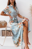 Fashion Elegant Floral Buckle Slit With Belt Turndown Collar A Line Dresses