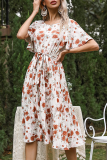 Elegant Floral Frenulum Fold O Neck A Line Dresses