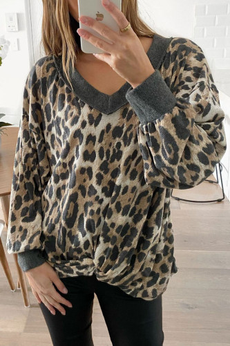 Fashion Street Leopard Patchwork V Neck Tops