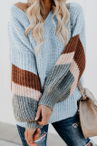 Casual Striped Patchwork Contrast V Neck Tops Sweater