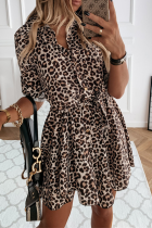 Fashion Leopard Patchwork Turndown Collar Shirt Dress Dresses