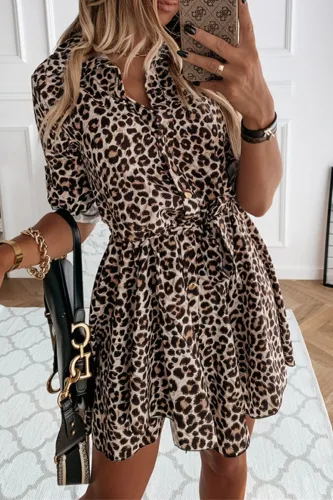 Fashion Leopard Patchwork Turndown Collar Shirt Dress Dresses