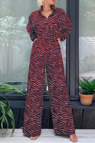 Fashion Casual Print Printing Turndown Collar Loose Jumpsuits