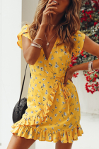 Elegant Floral Frenulum Flounce V Neck A Line Dresses