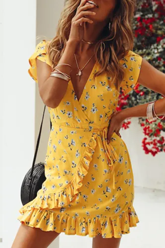 Elegant Floral Frenulum Flounce V Neck A Line Dresses