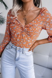 Fashion Elegant Floral Split Joint Fold V Neck Tops