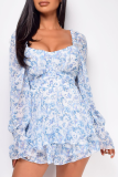 Street Floral Frenulum Backless Square Collar Rompers
