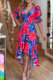 Elegant Floral Patchwork V Neck Irregular Dress Dresses