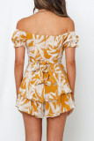 Fashion Street Print Patchwork Off the Shoulder Loose Rompers