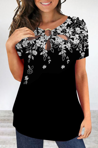 Street Floral Patchwork Metal Accessories Decoration O Neck T-Shirts