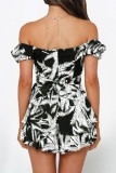 Fashion Street Print Patchwork Off the Shoulder Loose Rompers