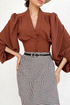 Fashion Street Solid Patchwork V Neck Tops