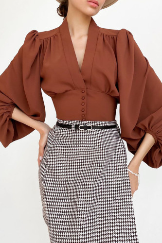 Fashion Street Solid Patchwork V Neck Tops