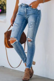 Fashion Street Solid Ripped Mid Waist Skinny Denim
