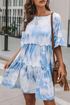 Fashion Street Tie Dye Split Joint O Neck Cake Skirt Dresses