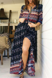 Bohemian Print Buckle Slit V Neck Dresses