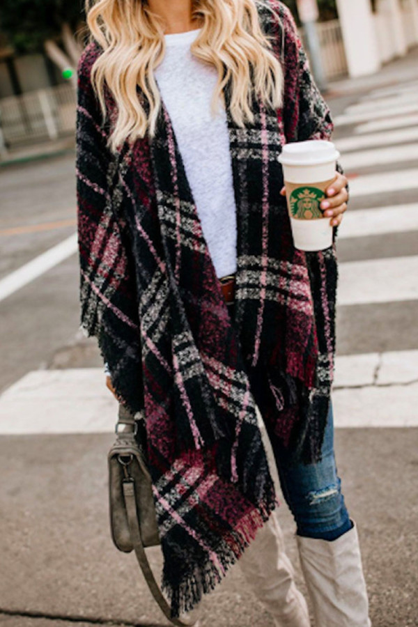 Fashion British Style Plaid Tassel Patchwork Outerwear